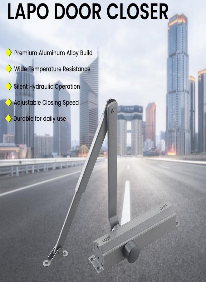 LAPO جهاز إغلاق أبواب أوتوماتيكي هيدروليكي مزدوج السرعة من الألومنيوم شديد التحمل من لابو للمنزل والمكتب | أجهزة إغلاق أبواب خشبية ناعمة مع مجموعة تركيب لجميع أوزان الأبواب حتى 50 كجم (لون فضي) - Image 4